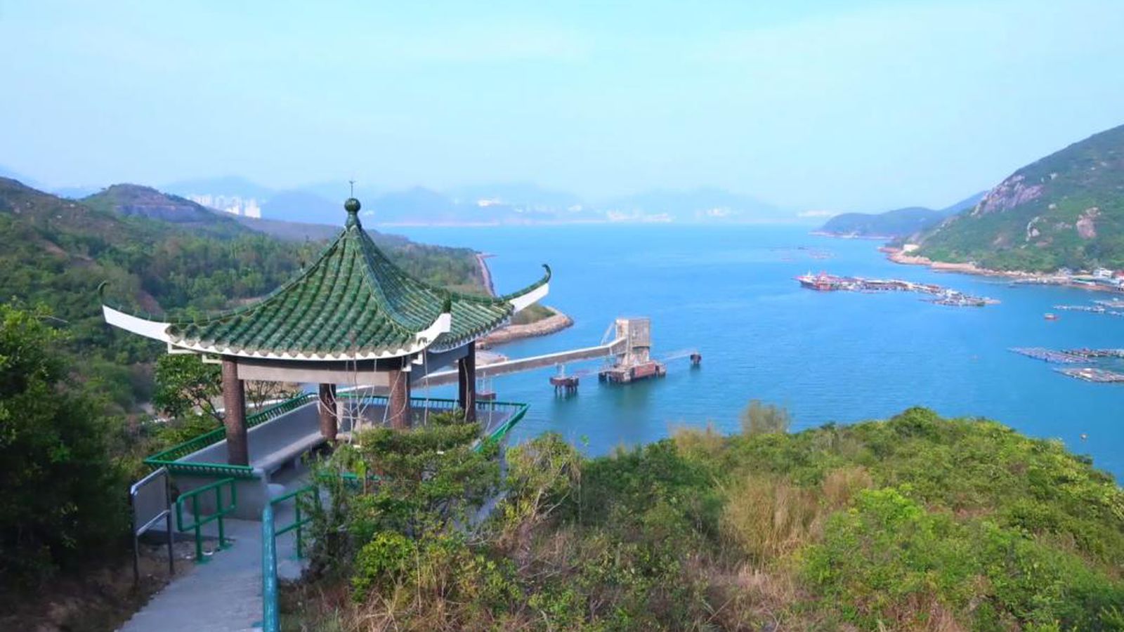 Clear Water Bay coastline viewed from a hill pavilion